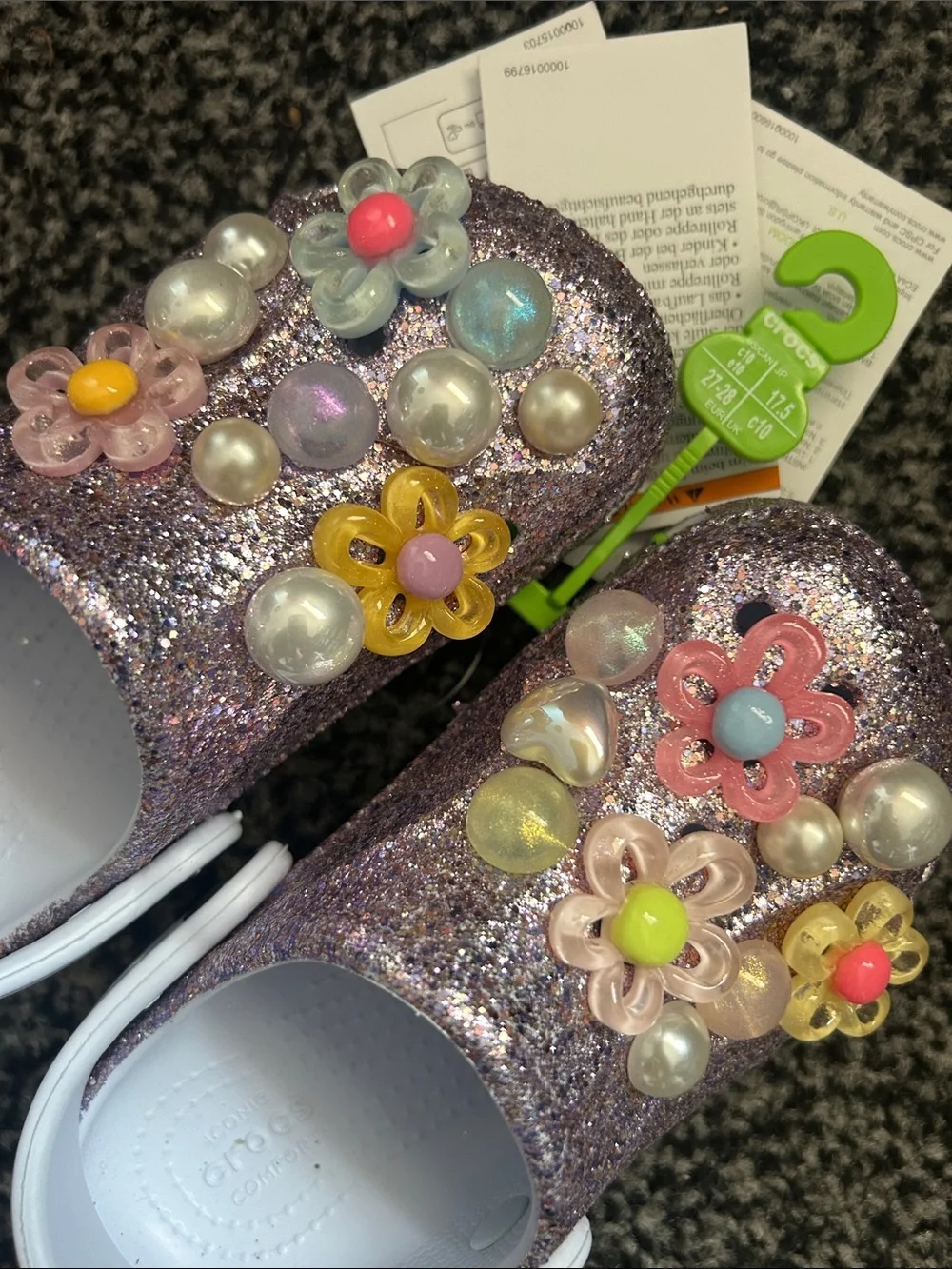 CROCS Kids Glitter Flower Clogs in Purple with Multicolor Charms